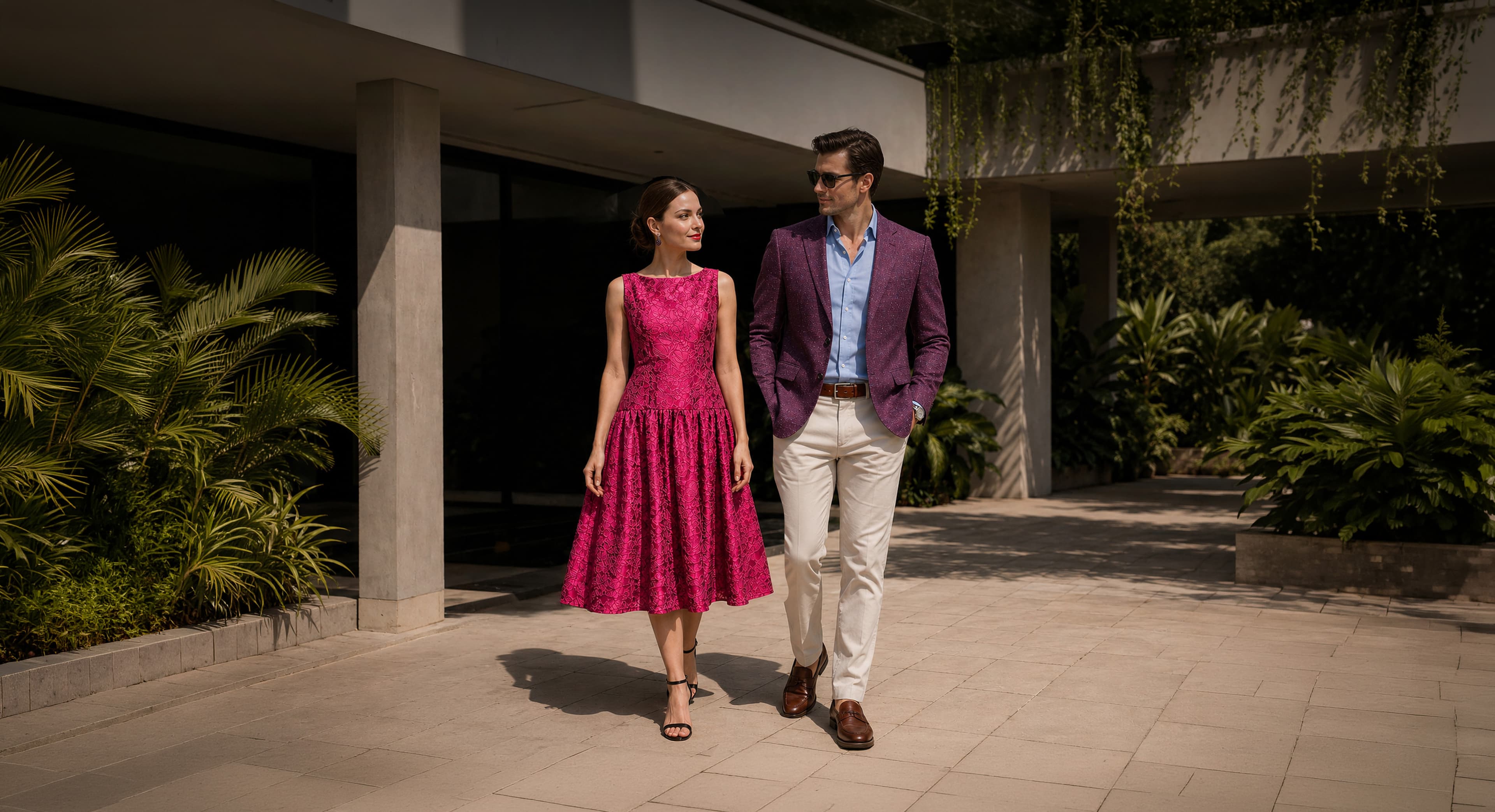 Elegant fashion couple in sophisticated attire - a man and woman showcasing luxury fashion in a premium setting with the Barcelino brand message 'It's a Visual World, All Eyes On You'