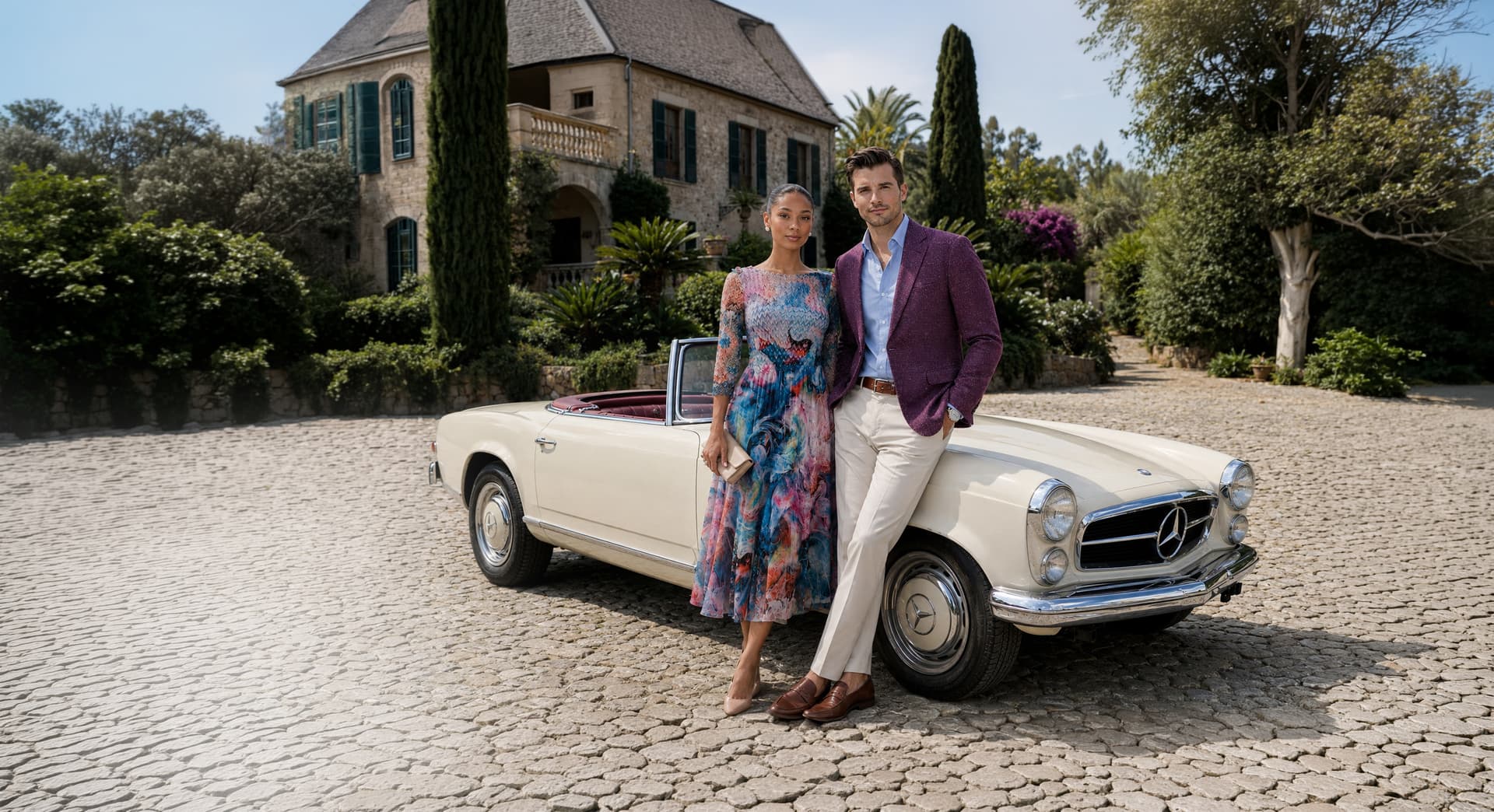 Elegant fashion couple in sophisticated attire - a man and woman showcasing luxury fashion in a premium setting with the Barcelino brand message 'It's a Visual World, All Eyes On You'