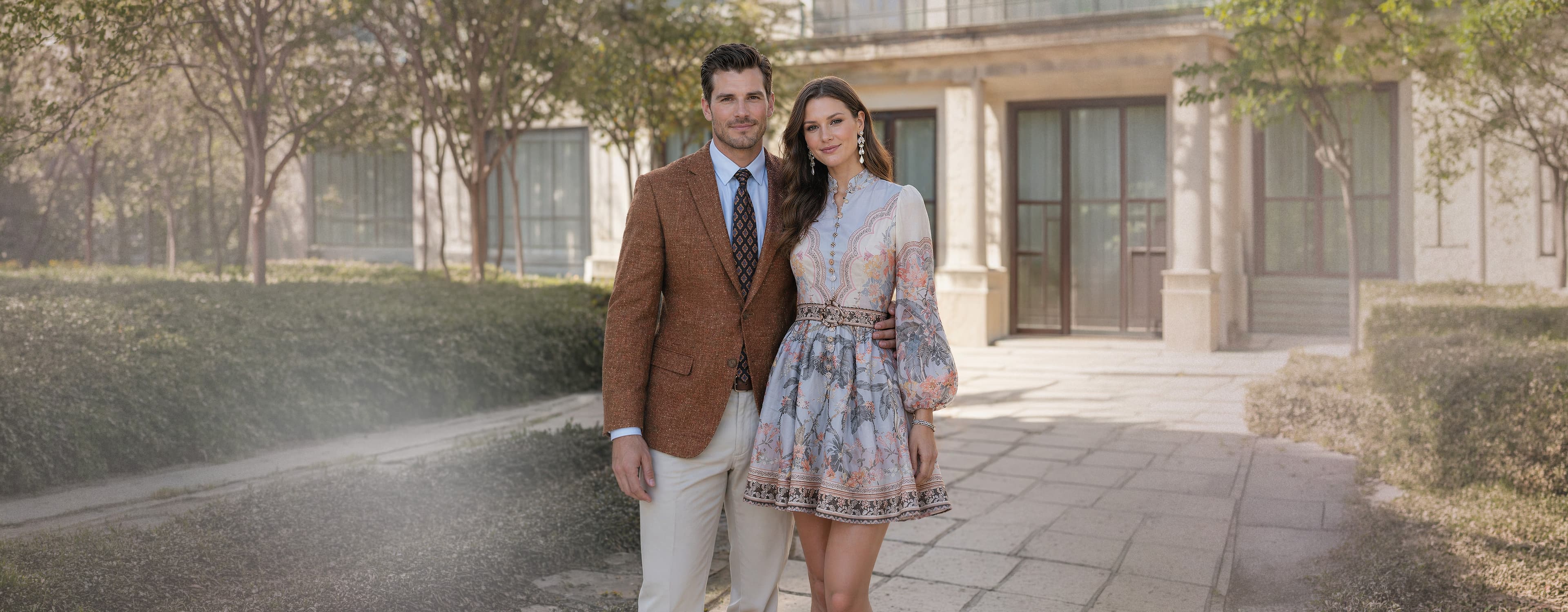 Elegant fashion couple in sophisticated attire - a man and woman showcasing luxury fashion in a premium setting with the Barcelino brand message 'It's a Visual World, All Eyes On You'