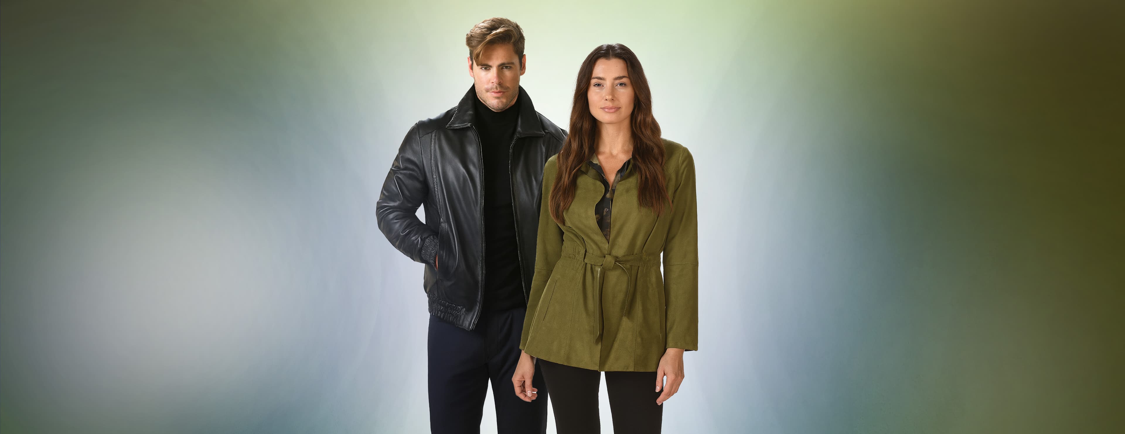Elegant fashion couple in sophisticated attire - a man and woman showcasing luxury fashion in a premium setting with the Barcelino brand message 'It's a Visual World, All Eyes On You'