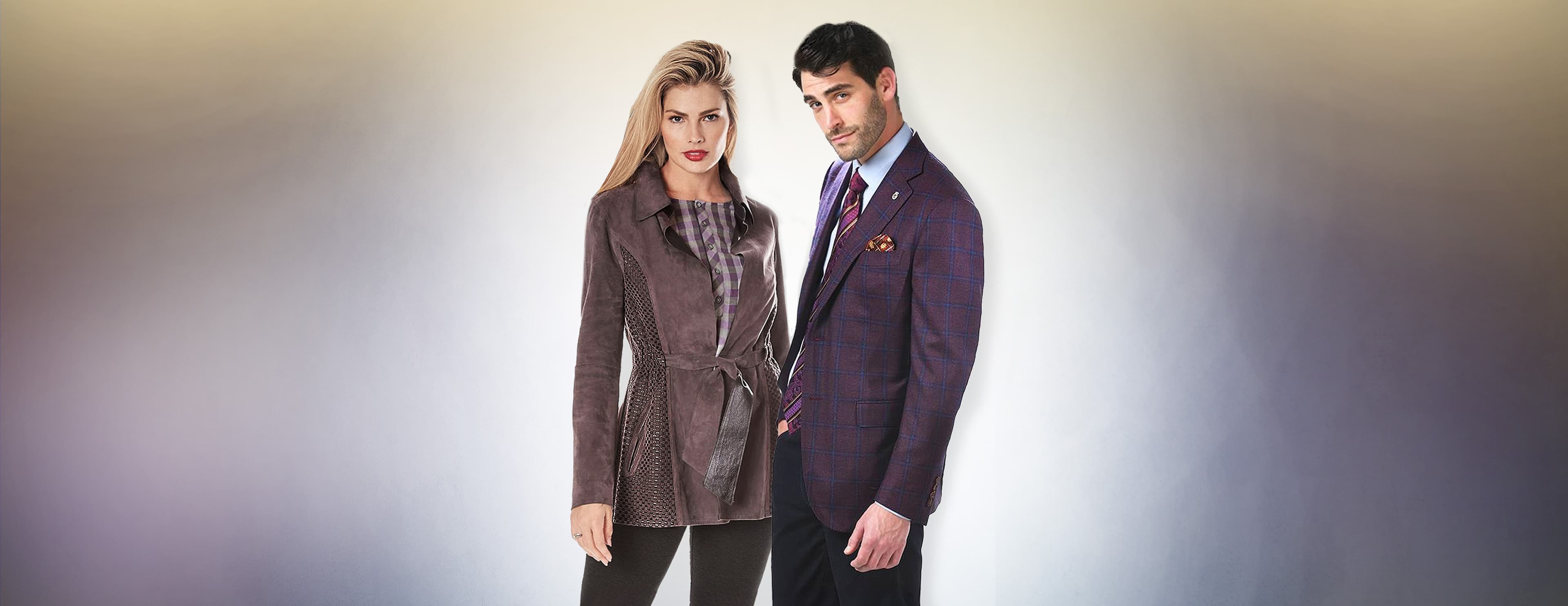 Elegant fashion couple in sophisticated attire - a man and woman showcasing luxury fashion in a premium setting with the Barcelino brand message 'It's a Visual World, Eyes Are On You'
