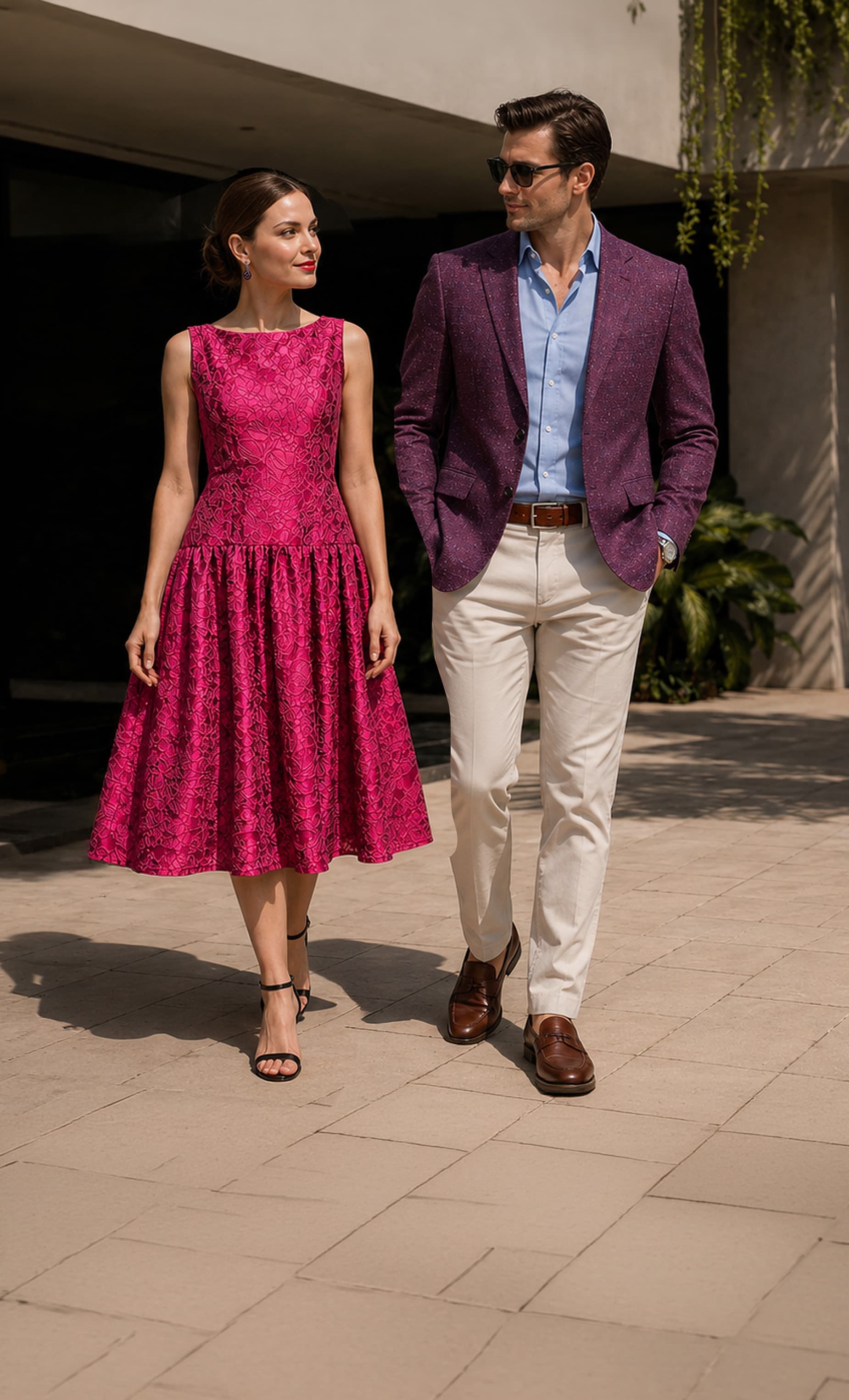 Elegant fashion couple in sophisticated attire - a man and woman showcasing luxury fashion in a premium setting with the Barcelino brand message 'It's a Visual World, All Eyes On You'