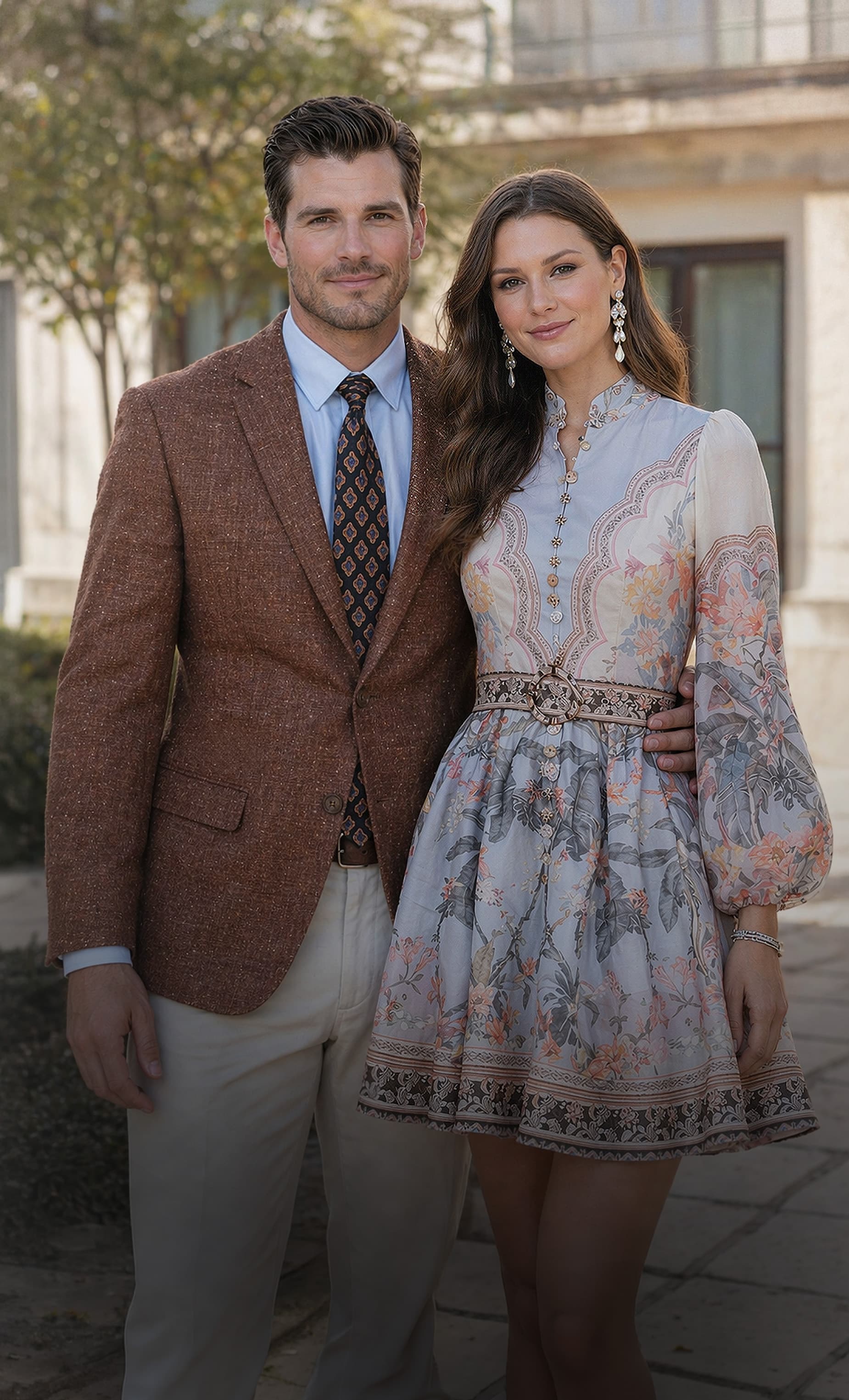 Elegant fashion couple in sophisticated attire - a man and woman showcasing luxury fashion in a premium setting with the Barcelino brand message 'It's a Visual World, All Eyes On You'