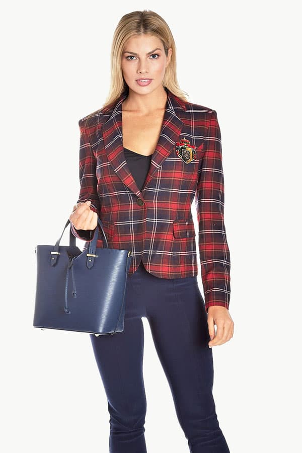 Plaid Crop Blazer with Crest -  - Main product view