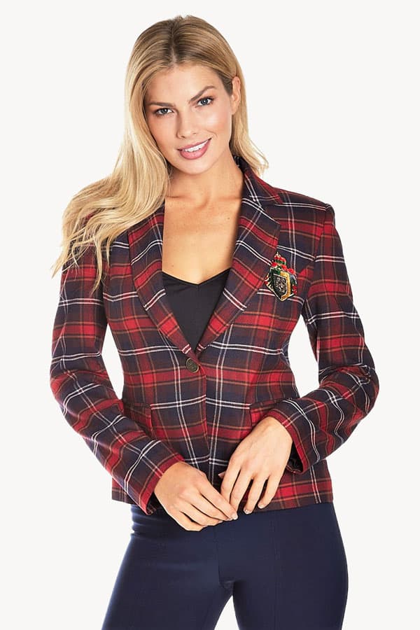 Plaid Crop Blazer with Crest -  - View 3 of 3