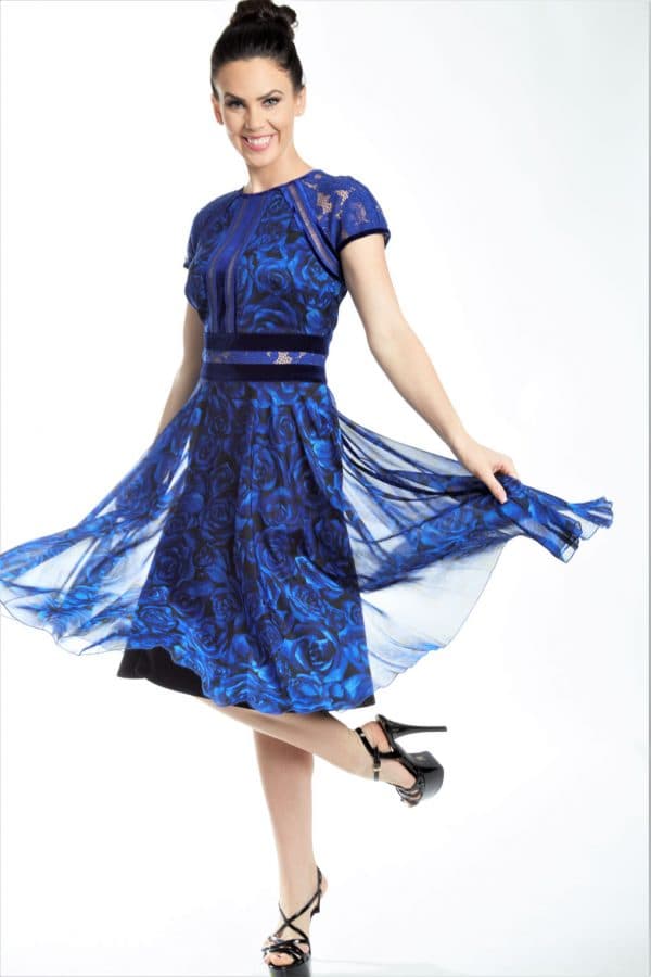 Blue Rose Print Cap Sleeve Chiffon Dress | Women's - $247.50 - View 2 of 3