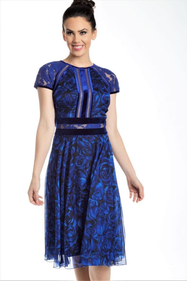 Blue Rose Print Cap Sleeve Chiffon Dress | Women's - $247.50 - View 1 of 3