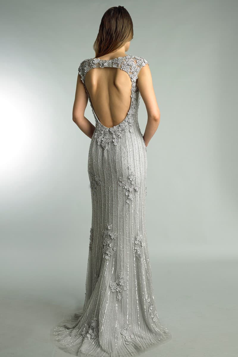 Silver Beaded Embroidered Sweetheart Neck Gown - $1,365.00 - View 4 of 5