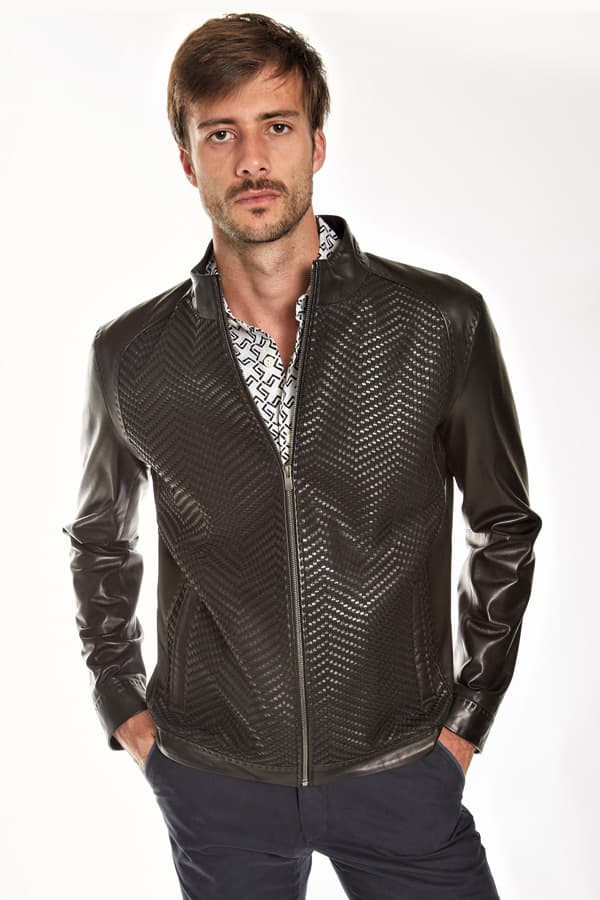 Top Quality Leather Zip Blouson-Woven Chevron front panels - $1,795.00 - View 3 of 4