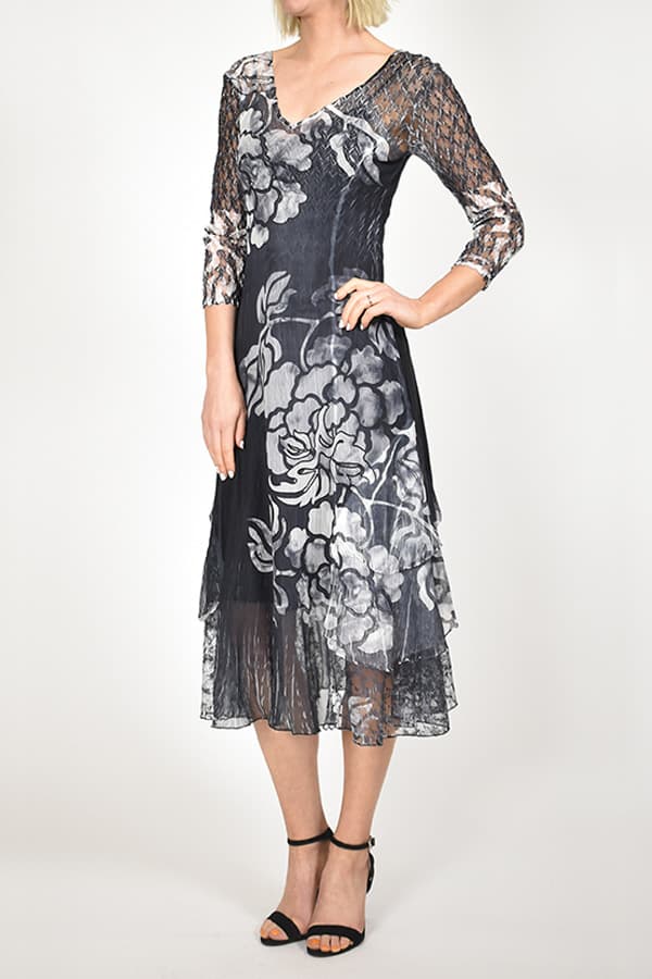 Plisse Charmeuse and Lace Floral Dress - 46500 - Main product view