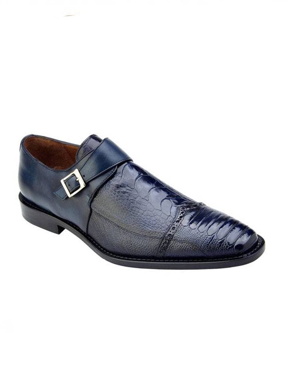 Men’s dark blue ostrich leather loafer with silver buckle detail, low heel, and pointed toe, side view.