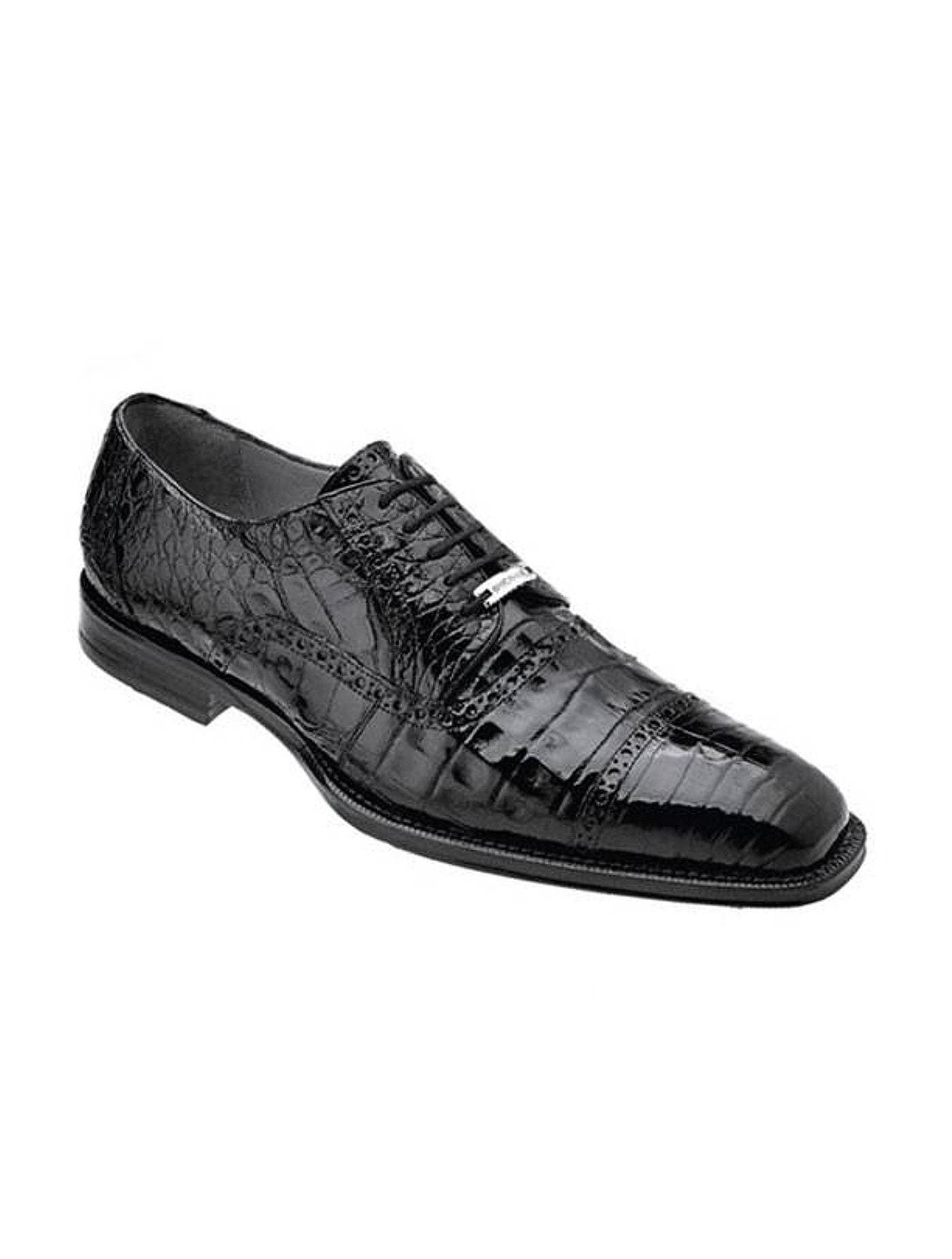 Black genuine crocodile leather cap toe blucher dress shoe with lace-up closure on a white background.
