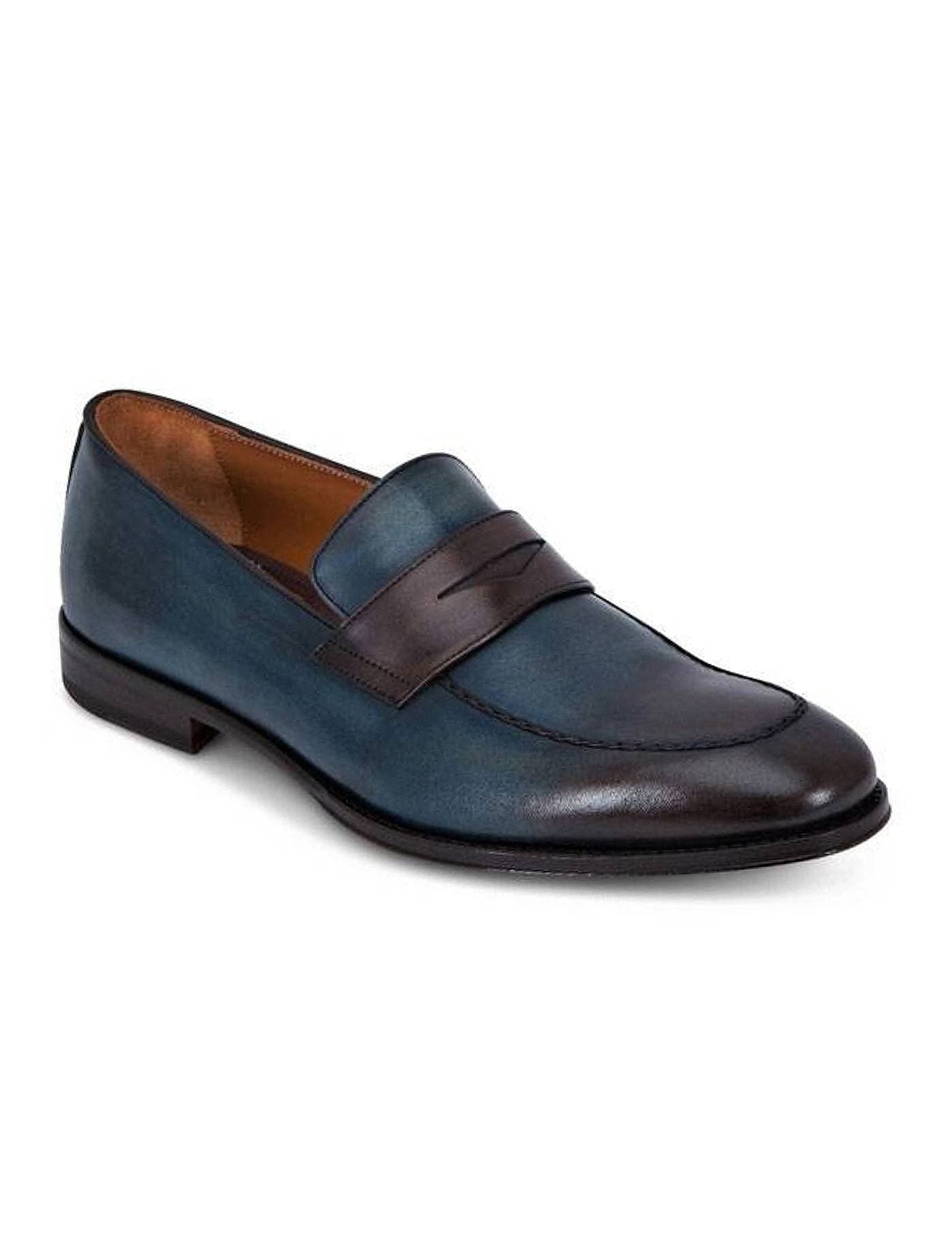 Very elegant classic penny loafer shoe in blue with brown burnished details on top