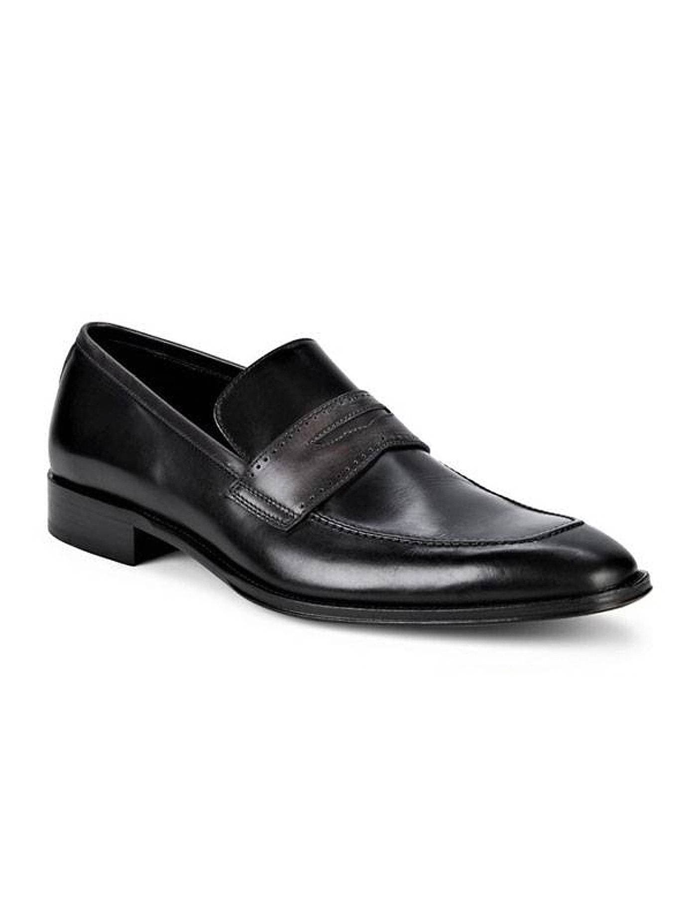 Classic leather penny loafer shoe in black with brown burnished details on top