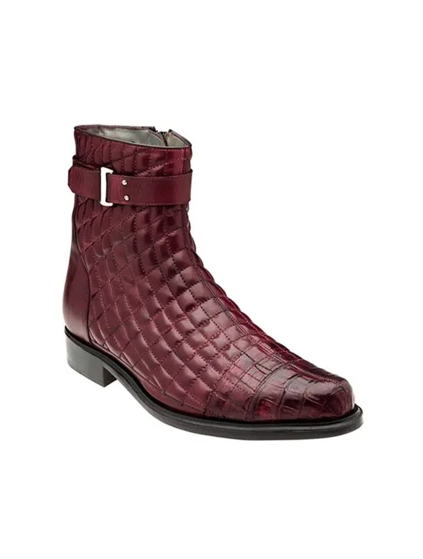 leather boots in dark red color textured like crocodile skin with shoe buckle