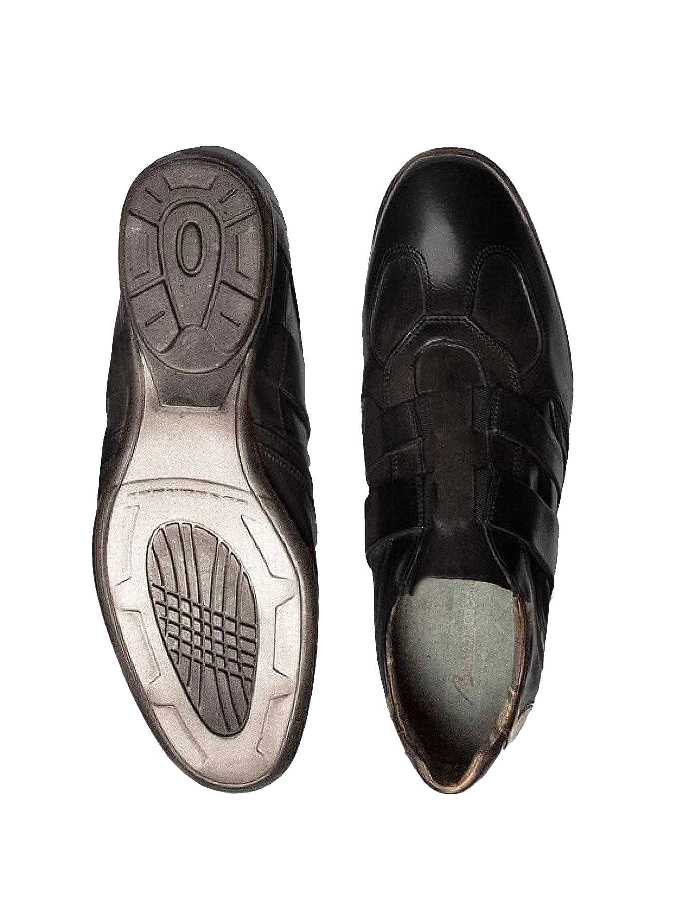 Dress Casual Slip-On black pair of shoes with plaid interior and detailed sole