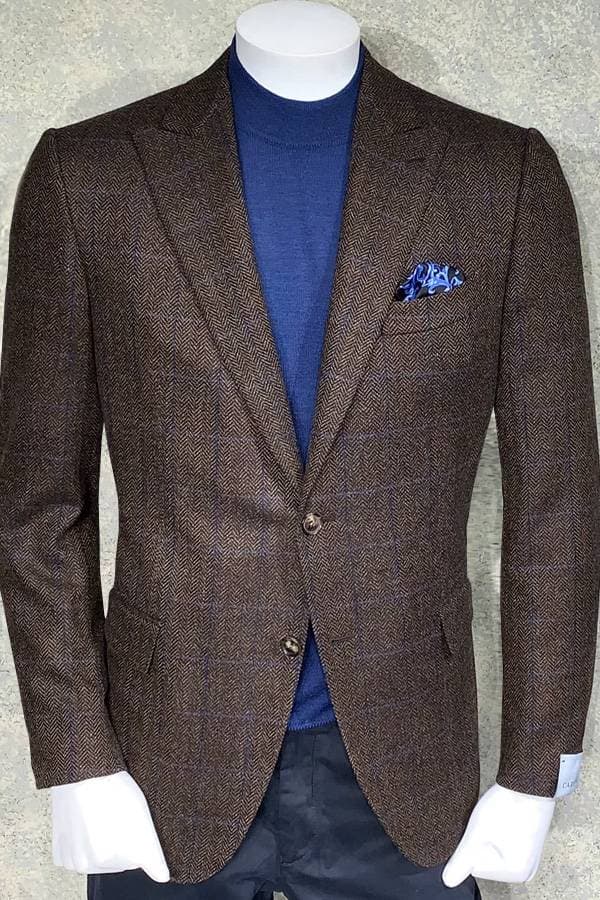 Italian Jacket in Cashmere/Wool Melange, Herringbone with Over Check Fabric Design -  - View 3 of 4