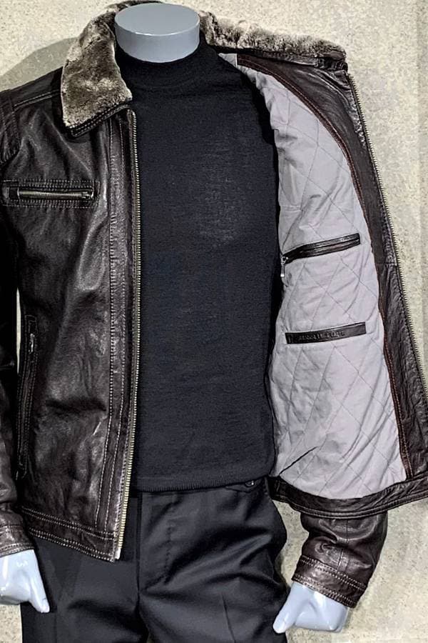 Brown Rustic Leather Blouson with Fur Collar | Men's - $785.00 - View 3 of 3