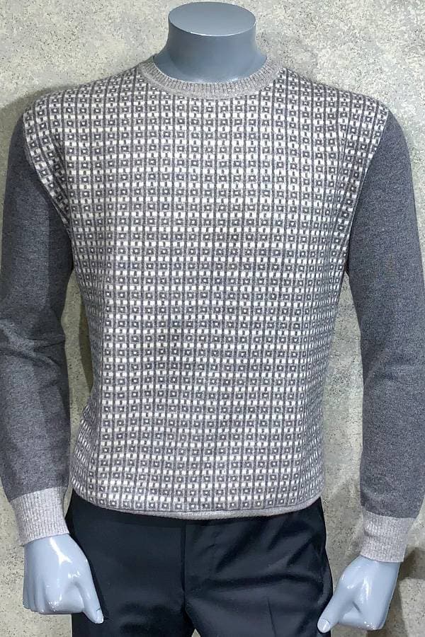 100% Cashmere Crew Check Striped Sweater
