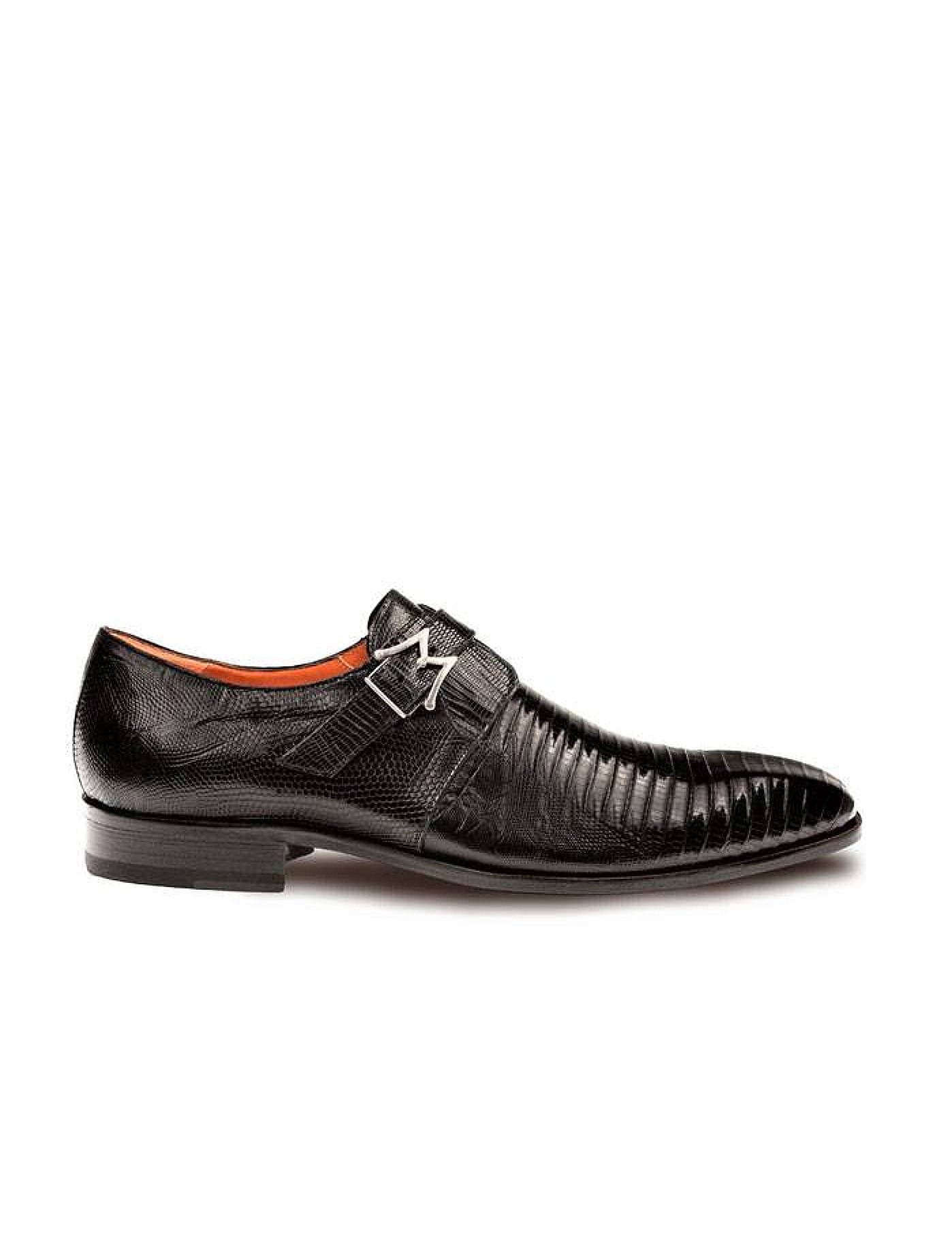 Black lizard-pattern leather monk strap dress shoe with silver buckle on a white background.