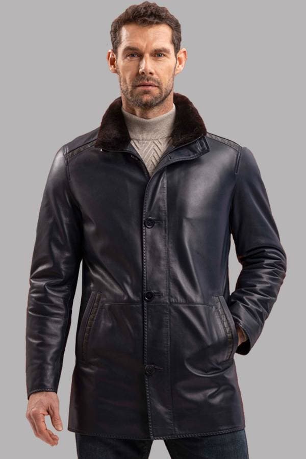 Blue Leather 3/4 Shearling Collar Coat | Men's - $1,875.00 - View 1 of 1