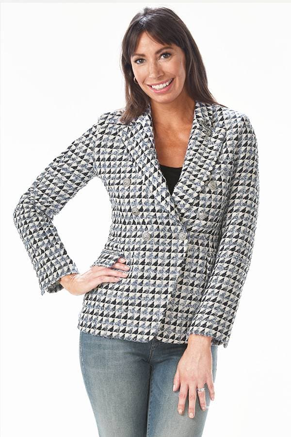 Blue White Tweed Geo DB Jacket with Broach | Women's - $325.50 - View 2 of 4
