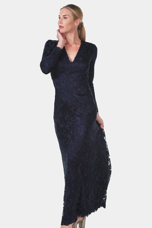 Long Sleeve Stretch Lace Navy/Black Gown - $785.00 - View 3 of 5