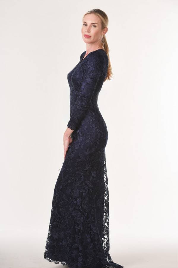 Long Sleeve Stretch Lace Navy/Black Gown - 78500 - Alternative view 2