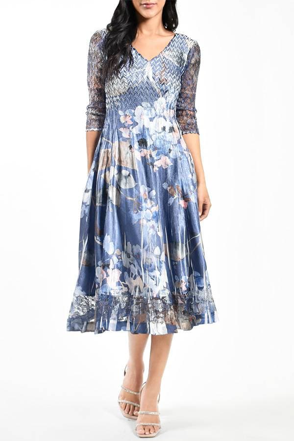 Blue V-neckline 3/4 Sleeve Floral Dress | Komarov Dress | Women's - $192.50 - View 1 of 3