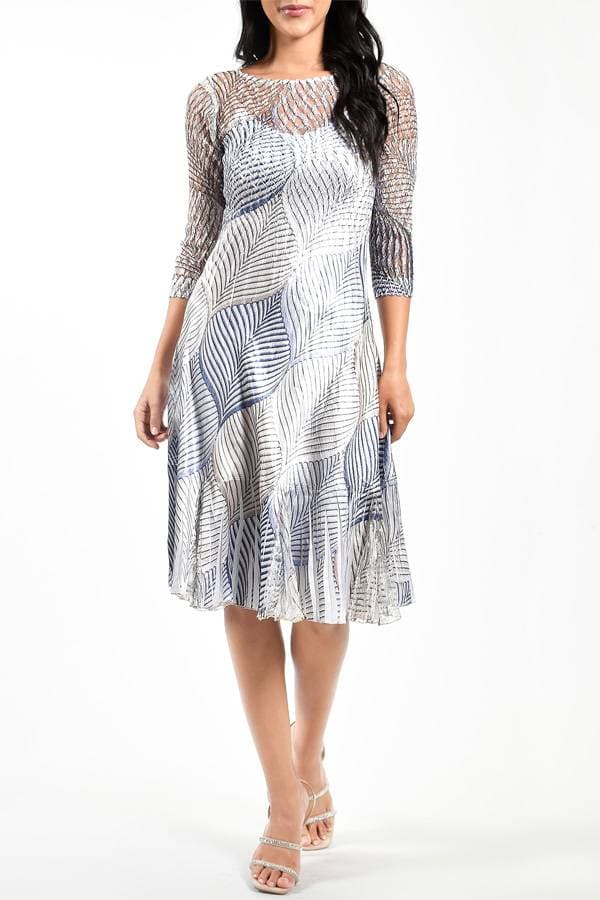 White Blue Geo Leaf Print Illusion Neckline Dress | Komarov Dress | Women's - $275.00 - View 1 of 3