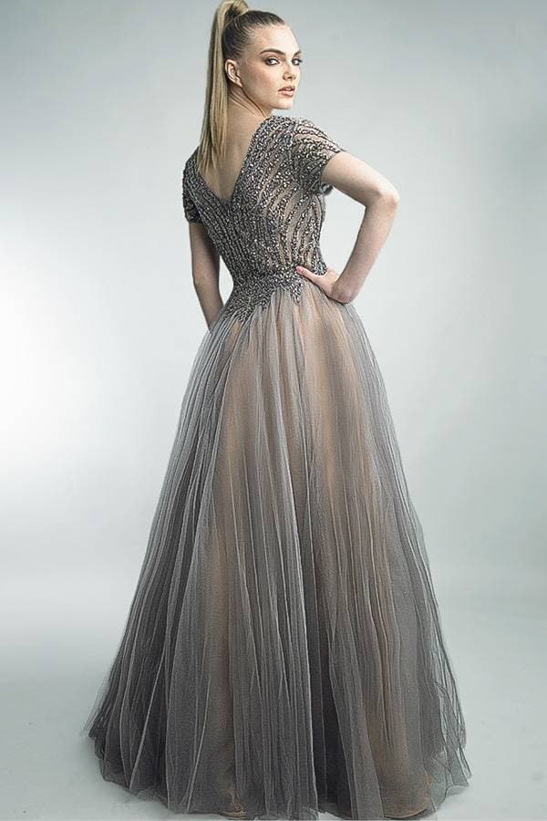 Short-Sleeved Bronze Tulle Gown