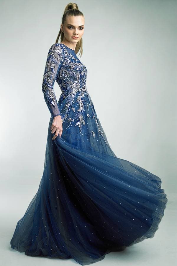 Long-Sleeved Gown with Blue Silver sequins - 186500 - Alternative view 2