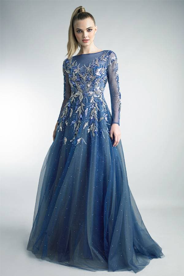 Long-Sleeved Gown with Blue Silver sequins - 186500 - Main product view