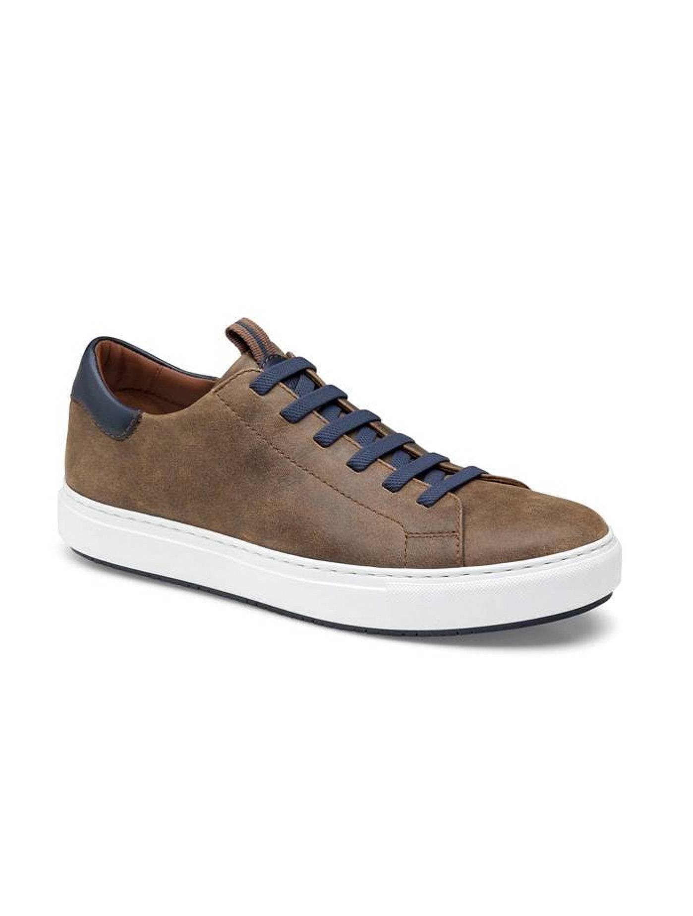 Brown leather sneaker with blue lace and white sole