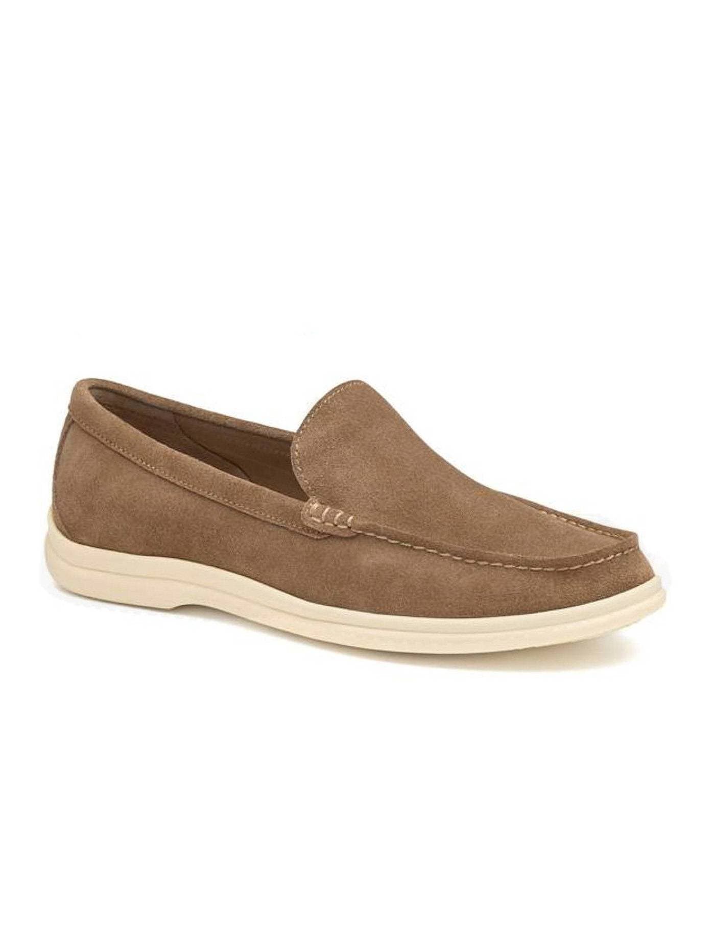 Light brown suede leather slip on shoe with off white sole