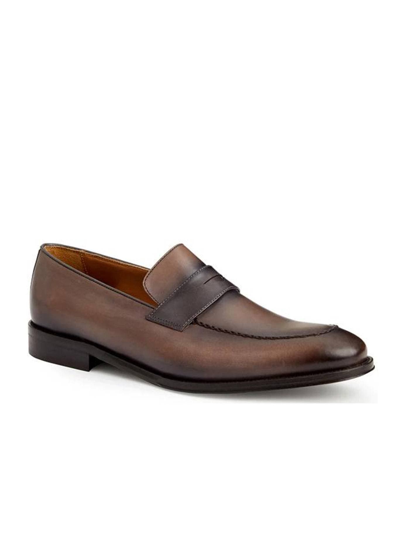 Classic brown leather penny loafer shoe with burnished effect