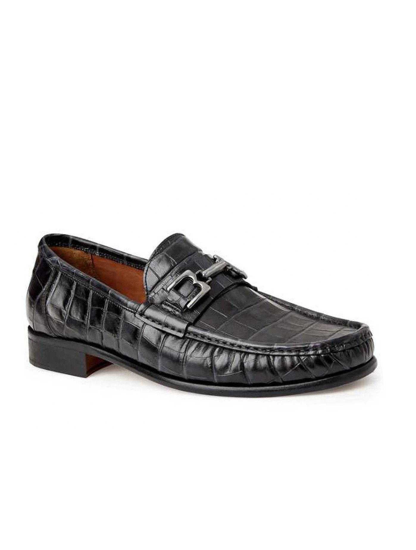 black penny loafer shoe with crocodile textured leather and metal silver details on top