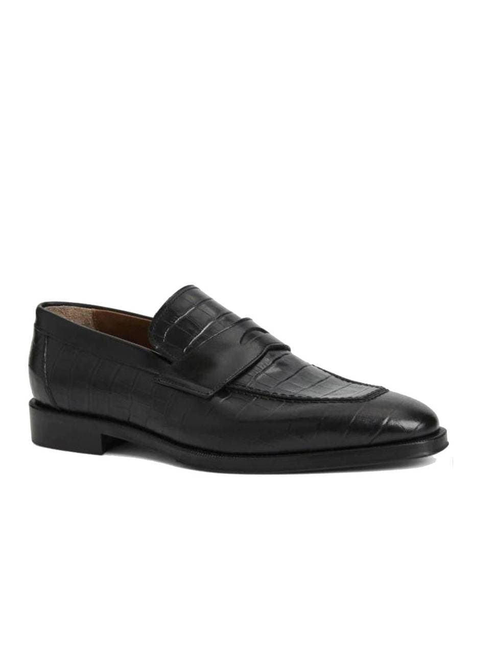 Classic Black Penny loafer with a textured crocodile skin embossed