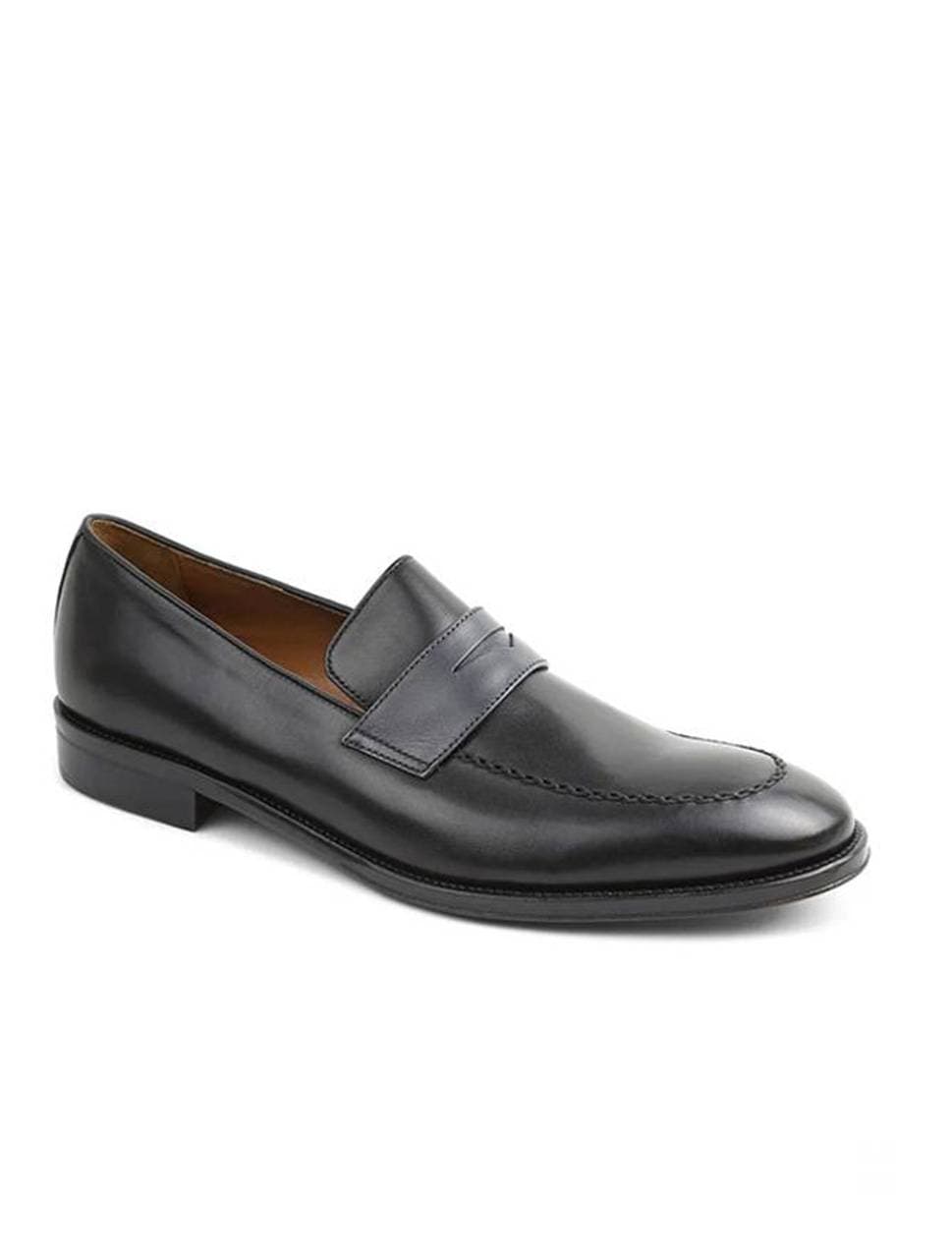 Men’s classic penny loafer in polished black/ dark gray leather and smooth black sole, angled side view.