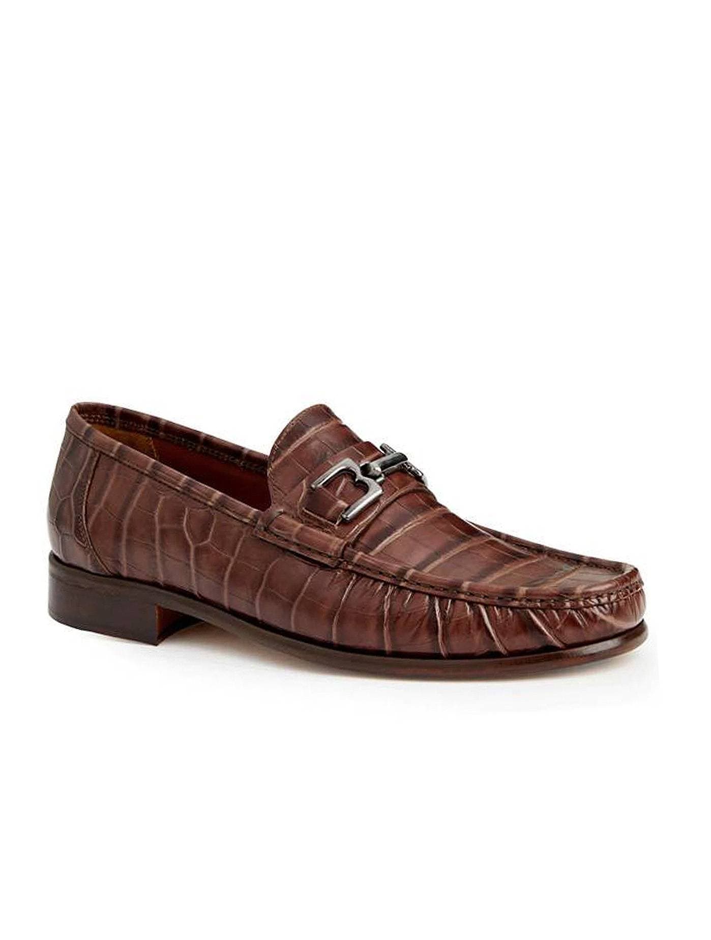 brown penny loafer with crocodile textured leather and metal silver details on top