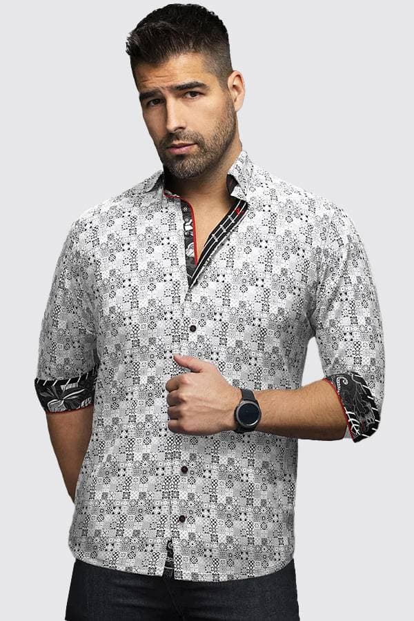 White Print Stretch Sport Shirt | Men's - $129.50 - View 1 of 2