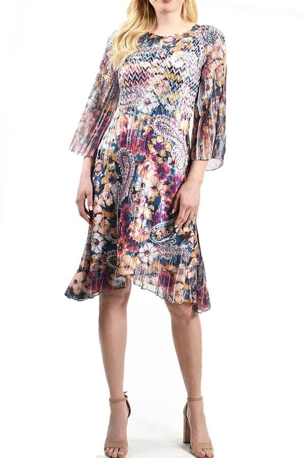 Blue Purple Chiffon Printed Dress with Split Shoulder | Komarov Dress - $197.50 - View 6 of 7