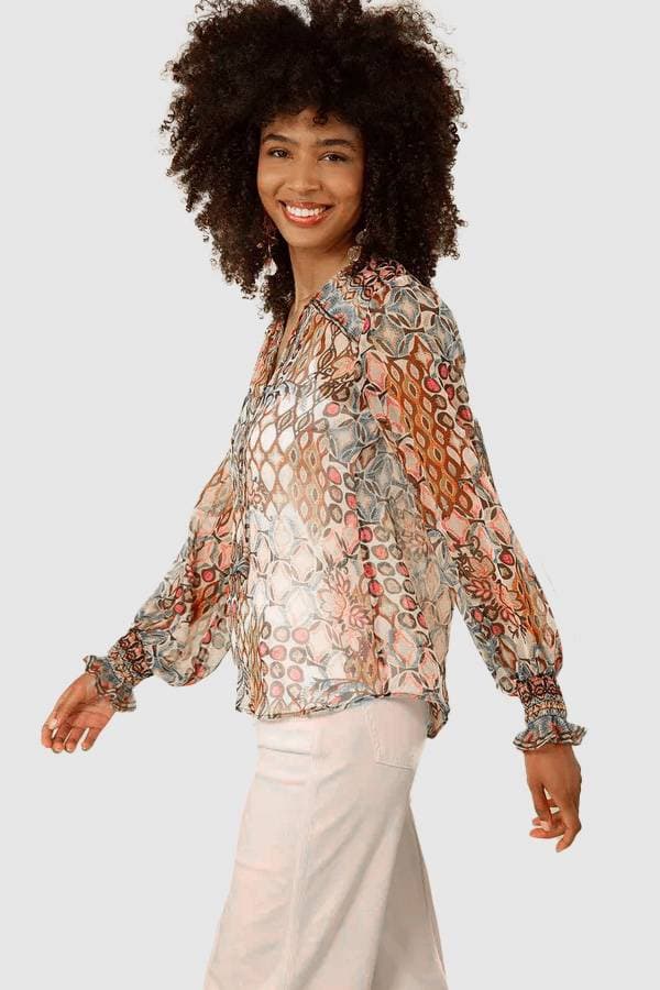 Hale Bob Tribal Print Silk Blouse W/Cami