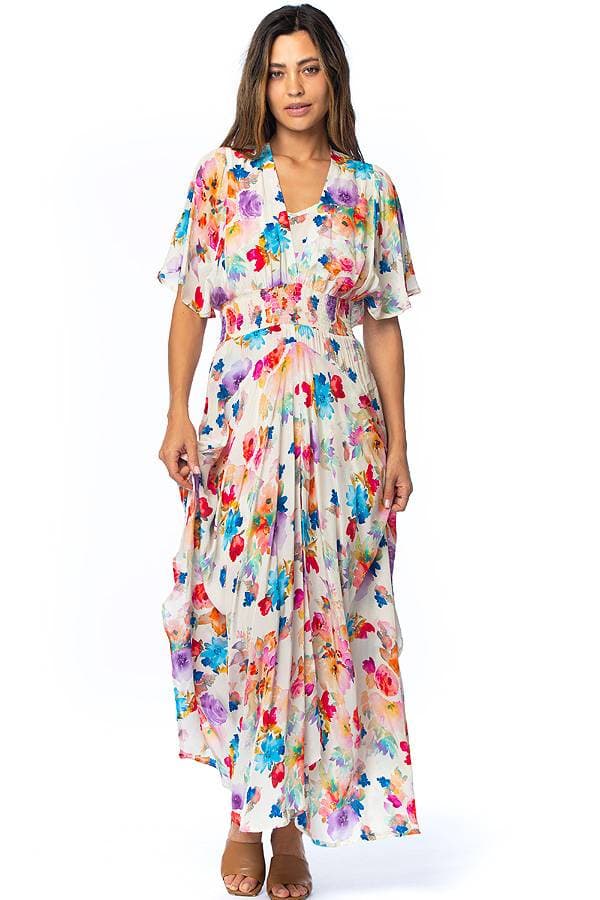 White Cupro Multi Colored Floral Dress | Women's - $295.00 - View 3 of 3