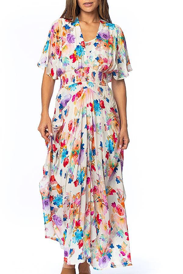 White Cupro Multi Colored Floral Dress | Women's - $295.00 - View 1 of 3