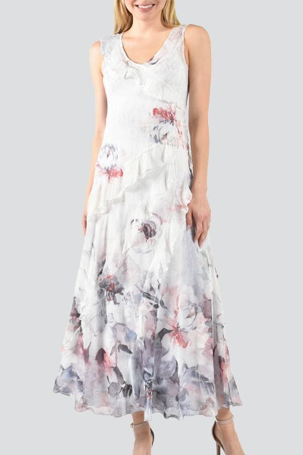 White Sleeveless Chiffon Pastel Iris Print Dress | Komarov Dress - $465.00 - View 1 of 3