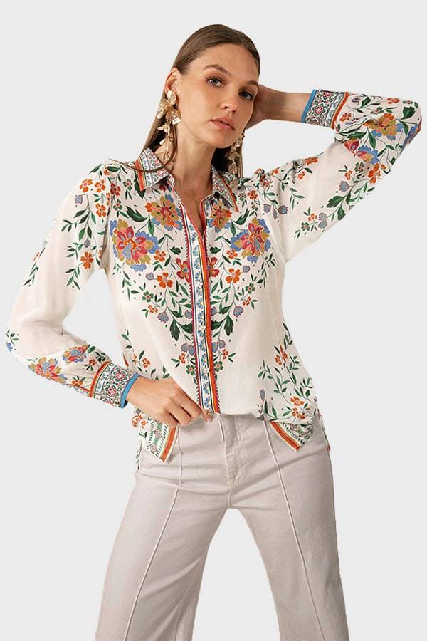 Silk Floral Placement Print Blouse -  - View 3 of 5