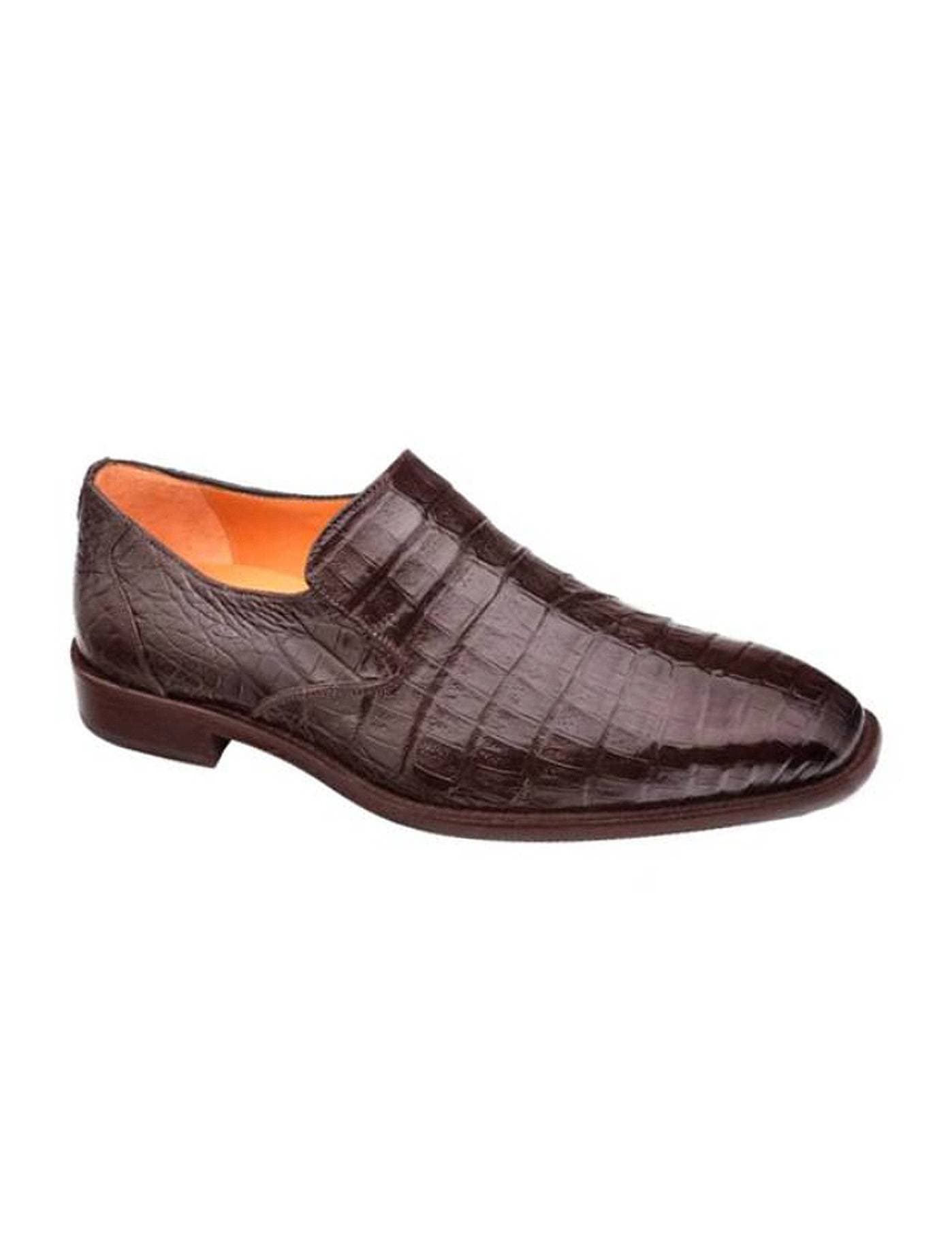 Brown lace less formal shoe with a crocodile textured leather