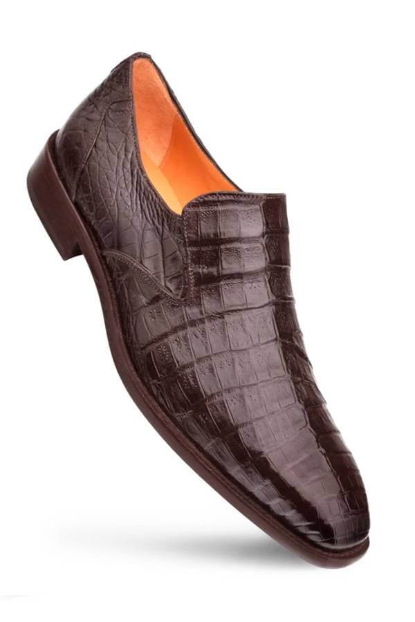 A Mezlan brown crocodile-embossed leather loafer / slip-on with a sleek, pointed toe and a luxurious sheen, showcasing refined craftsmanship.