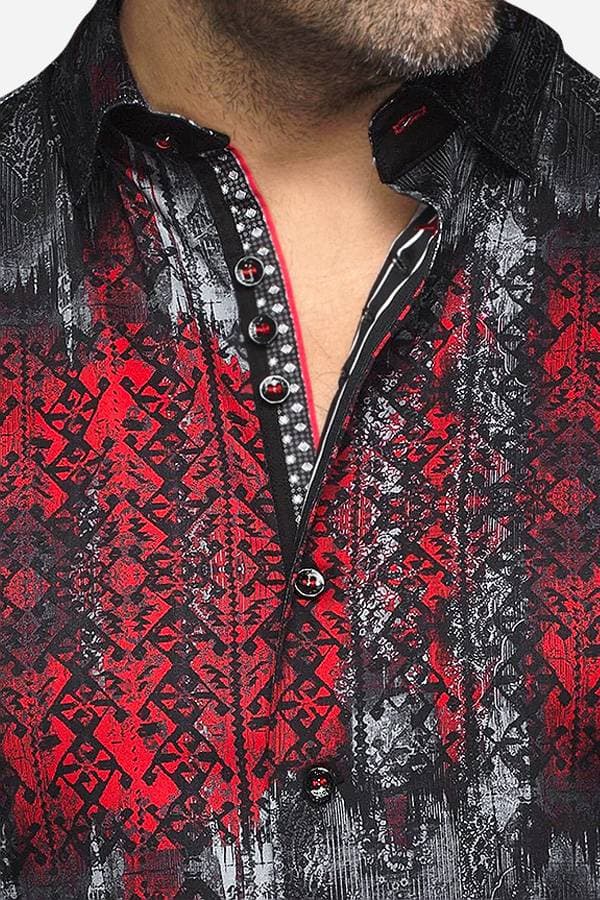 Close-up of the same shirt, highlighting the red and black patterned design and unique button details, as well as contrasting inner collar accents in black and white for added sophistication.